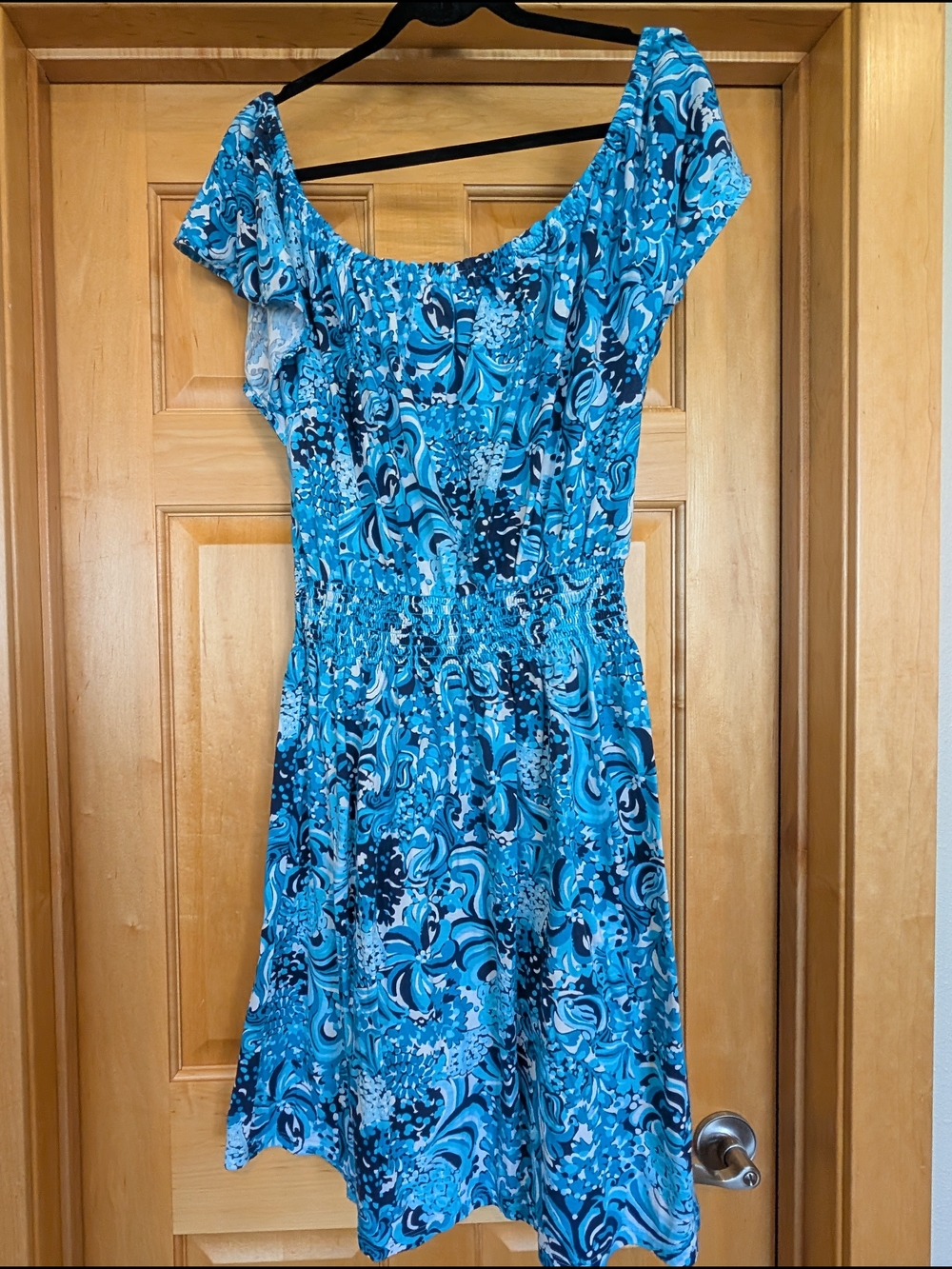 Lilly Pulitzer Turquoise & Navy Off-Shoulder Swirl Midi Dress